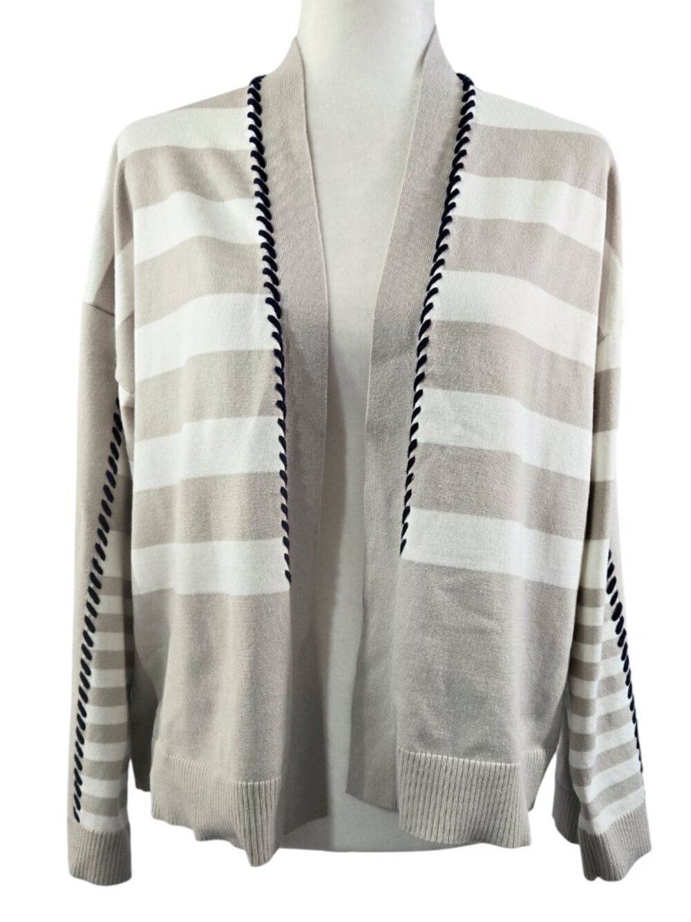 Chico's Tan White Striped Cardigan Open Front Boxy Contrast Stitching Neutral